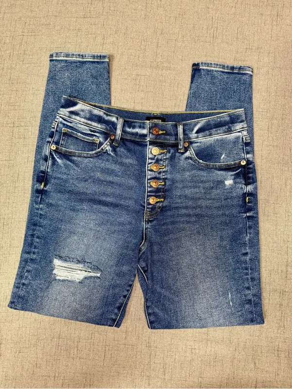 Express High Rise Skinny Jeans with Button Fly Distressed Size 10 Long Tall - Image 9