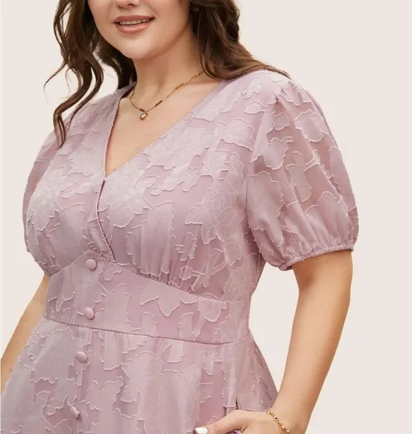 Bloomchic Solid Textured Lantern Sleeve Button Detail Dress - Image 2