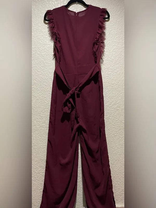 Altar’d State Burgundy Lace-Trim Wide-Leg Jumpsuit Size M - Image 3