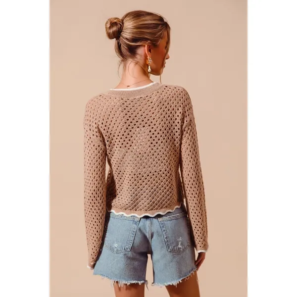 SO‎ ME Open Knit Light Weight Sweater Cardigan With Contrast Wavy Scallop Edge L - Image 7