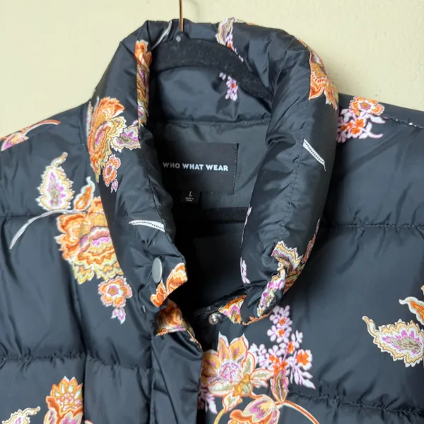 WHO WHAT WEAR Cinch Waist Floral Black Quilted Puffer Size large - Image 4