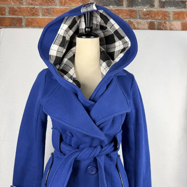Blue‎ Hooded Double Breasted Trench Coat Womens Size Small Casual Retro Fashion - Image 2