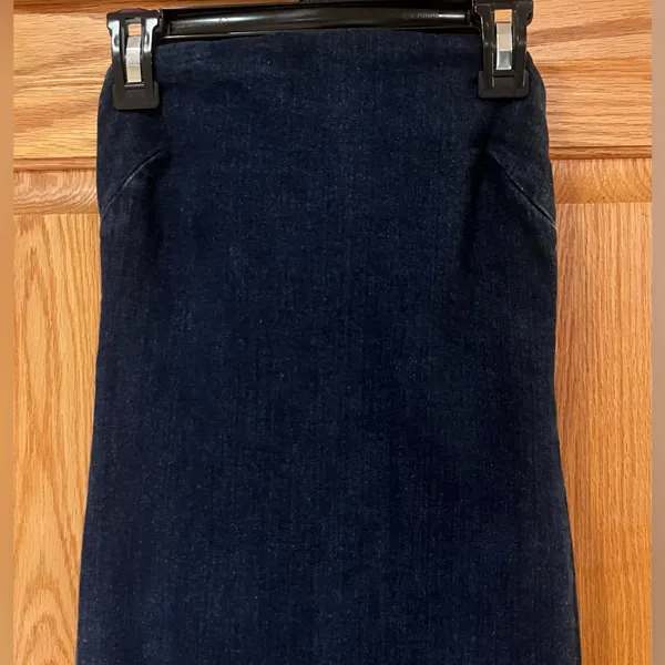 ZARA Dark Denim Strapless Raw Hem Back Slit Bodycon Tube Midi Dress‎ Size XS - Image 11