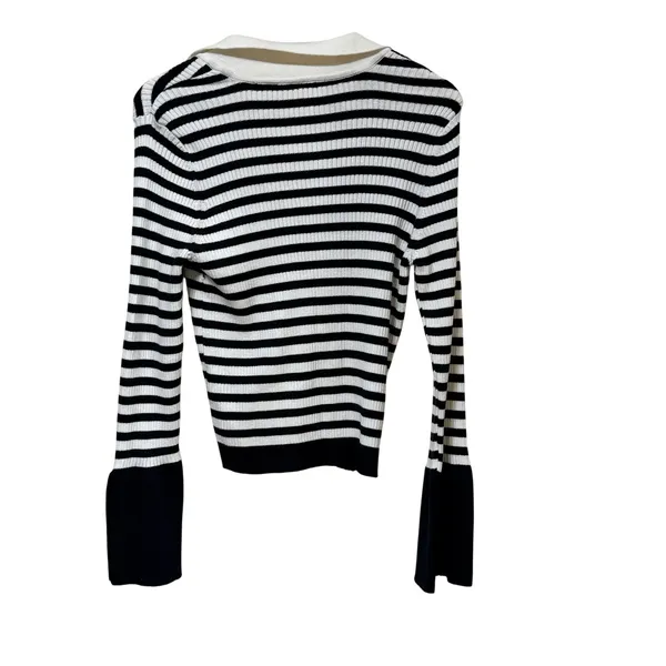 Maeve by Anthropologie Striped Ribbed‎ Polo Sweater Gold Cuff Black White L - Image 3