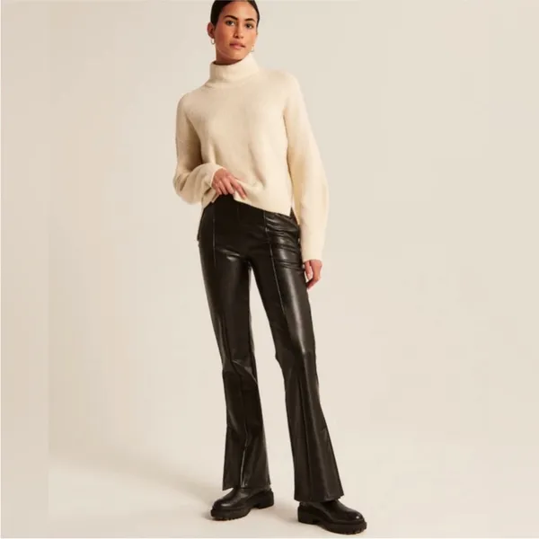 Abercrombie & Fitch Split Hem Vegan Leather Slim Flare Pant in Black Medium - Image 2