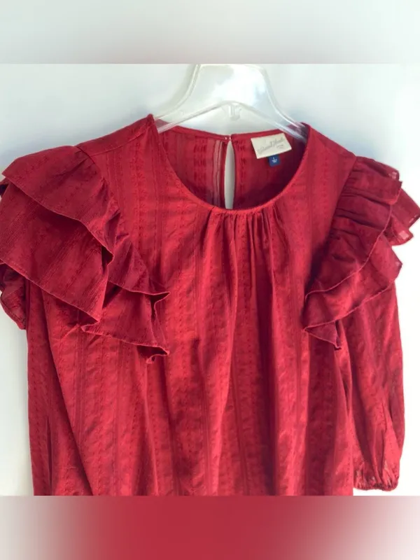 Deep red billowy sleeves ruffle shoulder blouse fall prairie boho peasant top L - Image 3