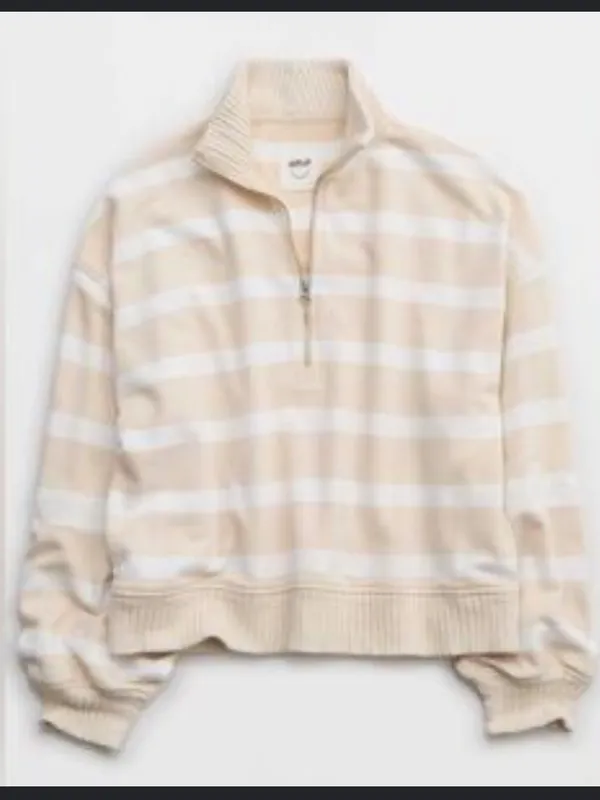 aerie Beige and White Striped Quarter-Zip Sweater - Image 10