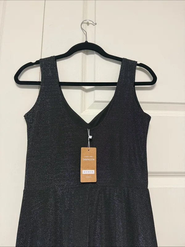 Sleeveless Shimmer V-Neck Mini Dress in Black - Image 9