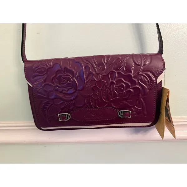 Patricia Nash Monta Leather Crossbody Clutch‎ Plum Small Size Purse Tooled - Image 7