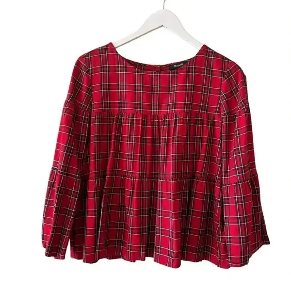Madewell Red Plaid Clandon Viscose Tiered Button Back Baby Doll Top SZ S #2328 - Image 3