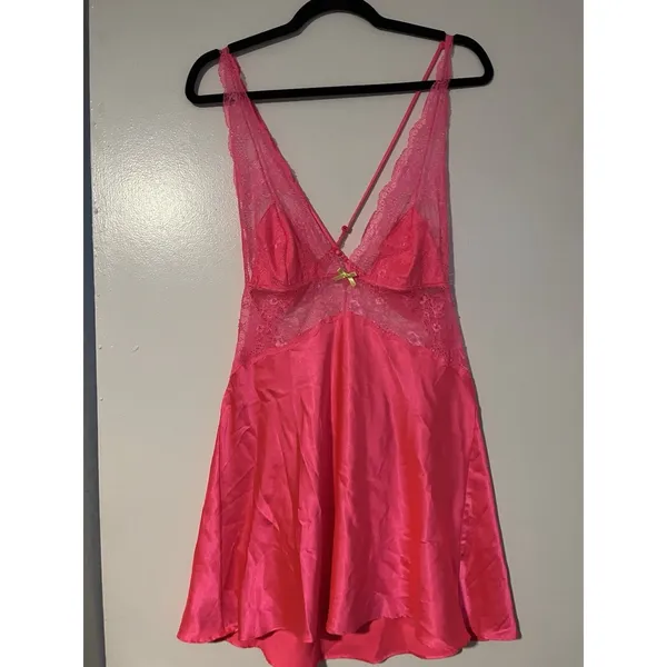 Victorias Secret Hot Pink‎ Satin Lace Slip Dress Crossback Negligee Bow - Image 3