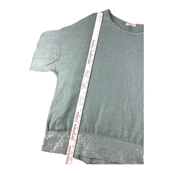 Bellambra Made in Italy Linen Sequin Trim Top Sage Green Relaxed L Large - Image 7