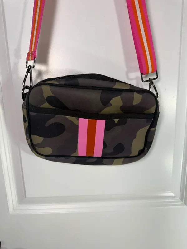 Neoprene Crossbody Bag Camo Green with Pink and Orange Striped Strap - Image 2
