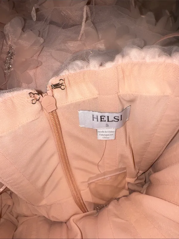 NEW HELSI Athena Bead & 3D floral Appliqué Strapless Mesh Pink Pearl Gown sz S - Image 7