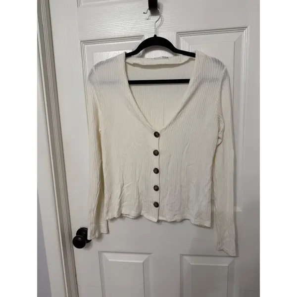 Reformation Jeans Ribbed V-Neck Cardigan Top Ivory White Long Sleeve‎ Small - Image 2