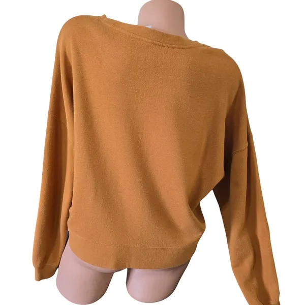 RVCA Pullover Sweatshirt Large Mustard Yellow Cropped Graphic Logo Boxy Fit - Image 5