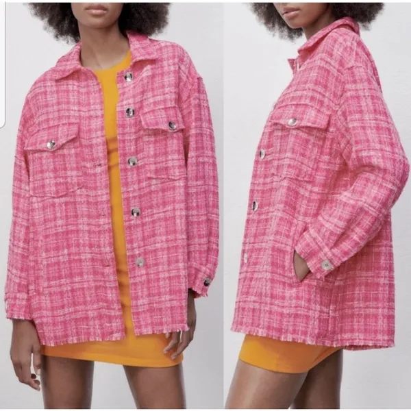 ZARA Pink Plaid Tweed Shacket Oversized Shirt Jacket Boucle Coquette XS NEW - Image 2