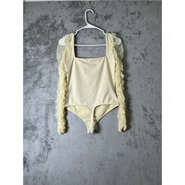 Free People Must Be Love Bodysuit Cream Ruched Mesh Sleeve‎ Romantic Medium New - Image 4