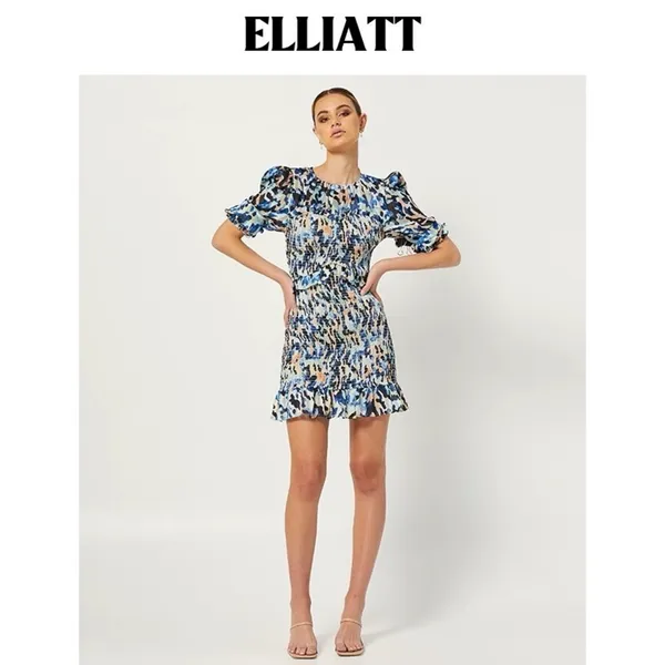 Elliatt Incubus Smocked Short Sleeve Mini Dress in Blue Multi Size Small NWT - Image 4