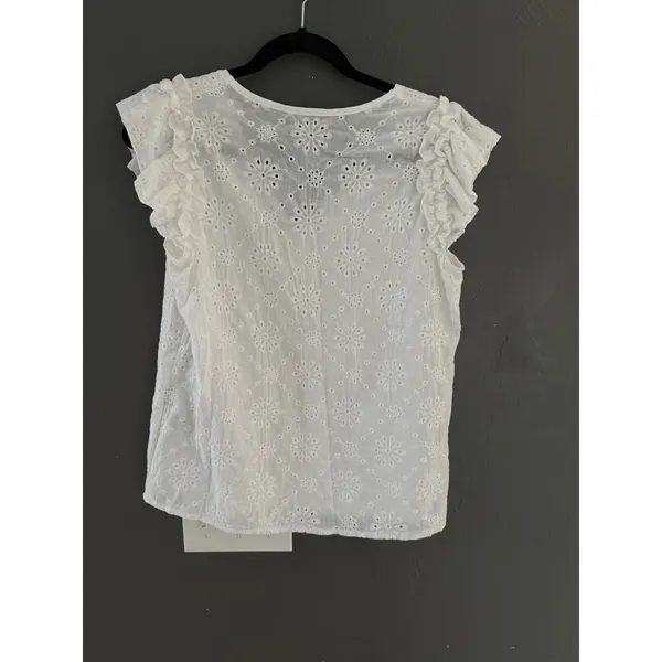 White Eyelet Lace Ruffle Cap Sleeve V-Neck Floral Boho Blouse‎ Top Womens Small - Image 2