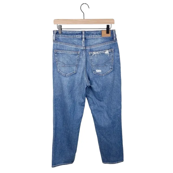 American Eagle Stretch Mom Straight Jean Cool Torn Blue Wash Denim Womens Size 6 - Image 3