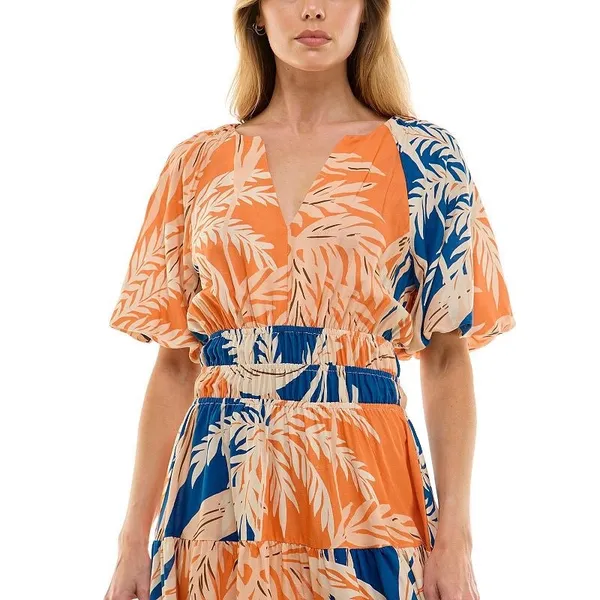FIG + FLOWER‎ Women Dress Large Tropical Leaf Print Smocked Orange Boho Resort - Image 5