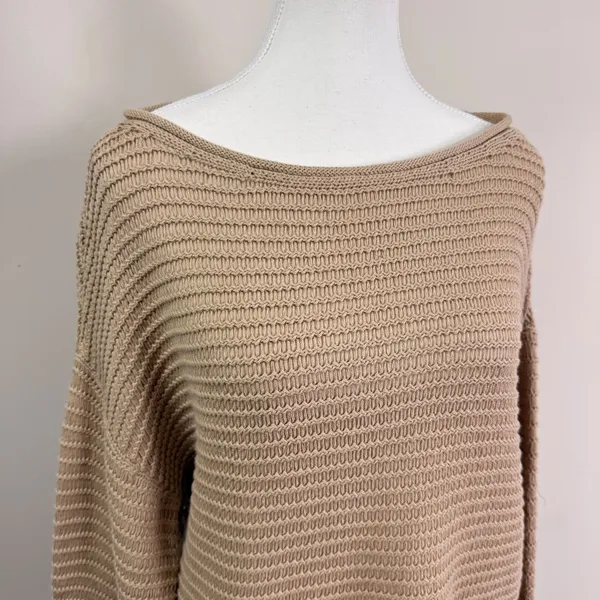 Aerie Womens Tan Cotton Textured‎ Open Stitch Boatneck Pullover Sweater Size M - Image 4