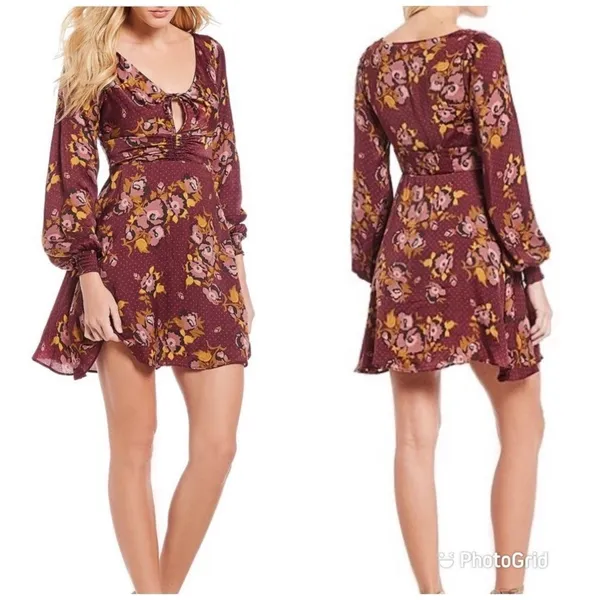 FREE PEOPLE Morning‎ Light Mini Dress Long Sleeve Floral Satin Purple Size 0 New - Image 2