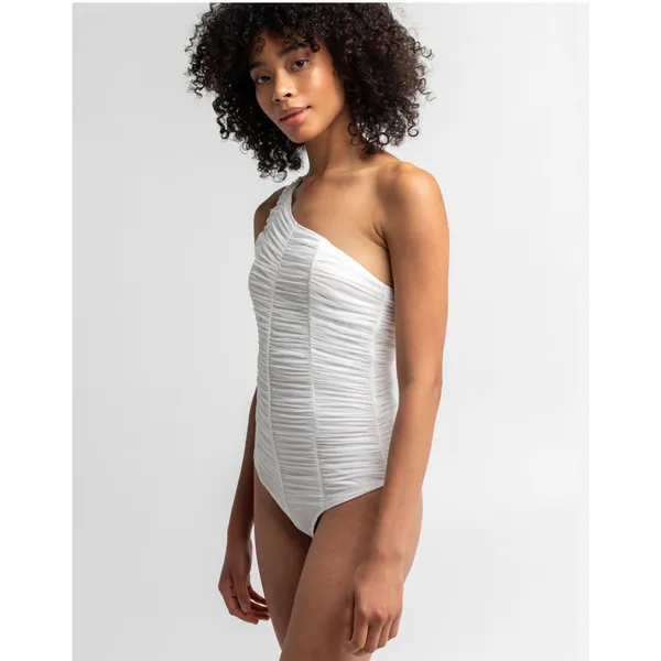 Le Lis Anthropologie One-Shoulder Ruched‎ Bodysuit Medium White Mesh NWT - Image 2