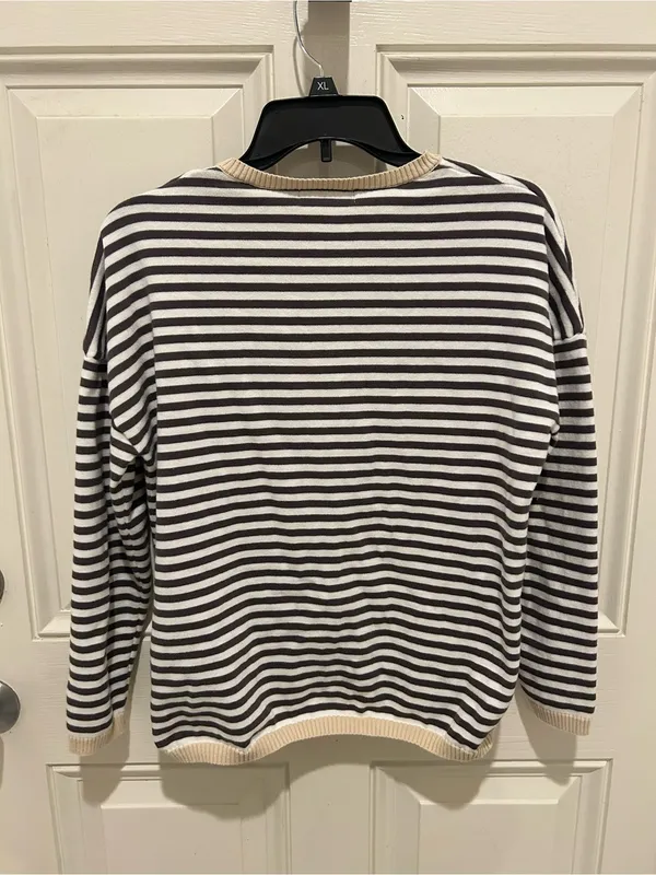 Striped Crewneck Sweater with Contrast Trim - Black & Cream - Image 3