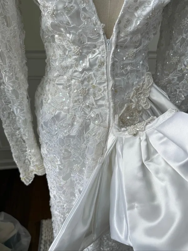 Vintage 80s Wedding Dress Heavily Embellished Long Sleeve Plunging Back S M 6 - Image 11