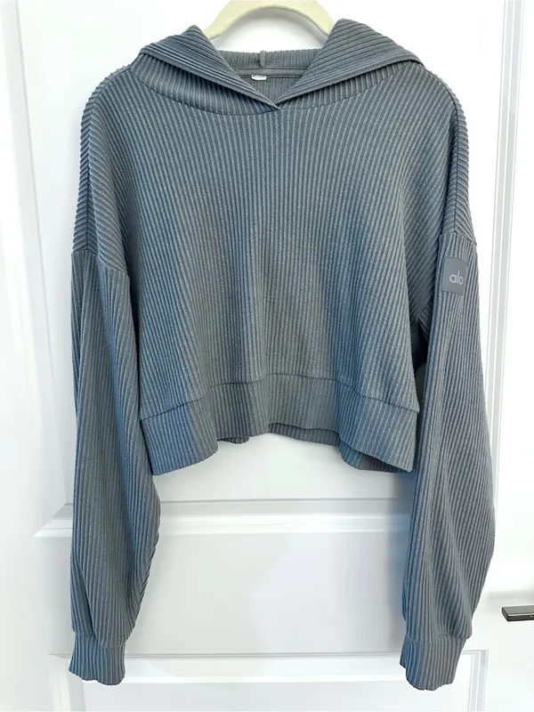 ALO Yoga Muse Ribbed Hoodie Steel Blue Small - Image 3