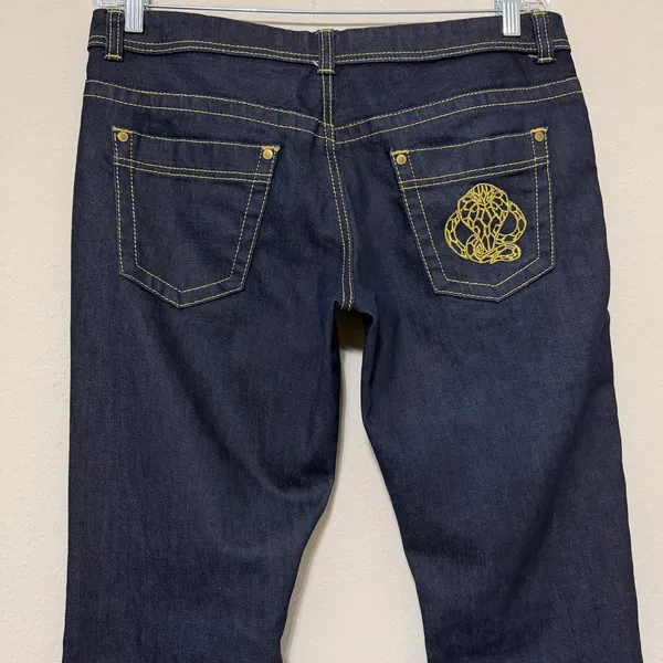 Roberto Cavalli H&M Dark Wash Bootcut Jeans Womens 14 Low Rise Gold 34x32 - Image 4