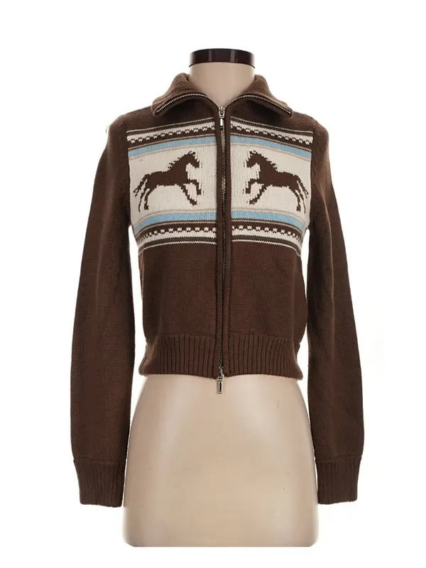 NWT Abercrombie & Fitch Western Horse Cardigan in Brown Crop Sweater XS - Image 3