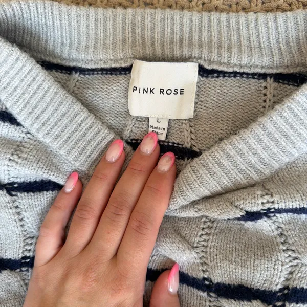 Pink Rose Cropped Grey & Blue Striped Knit Sweater - Image 3