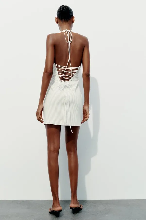 Zara dress mini halter neck striped white back tied casual summer vacation - Image 11