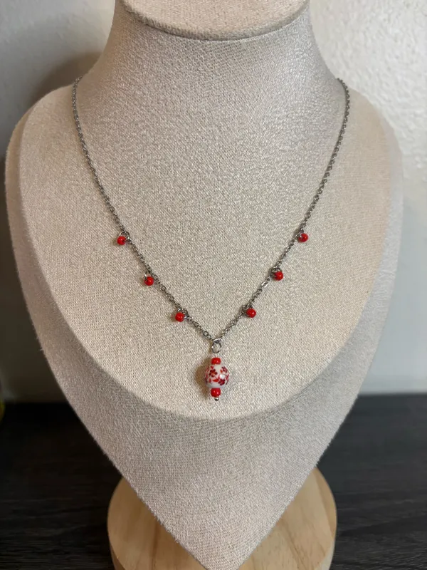 Handmade Red Floral Porcelain Charm Necklace | Waterproof & Tarnish Resistant - Image 2