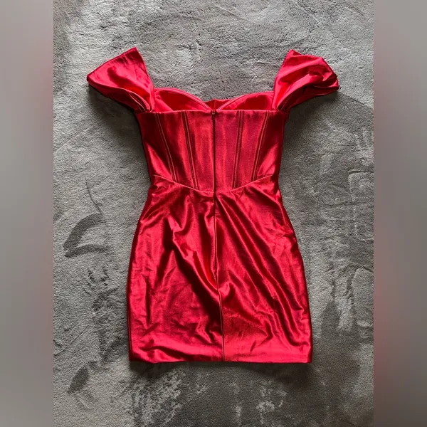 STACEES Red Hot Silky Formal Mini Dress Corset Off Shoulder Designer Sz 0 EUC - Image 5