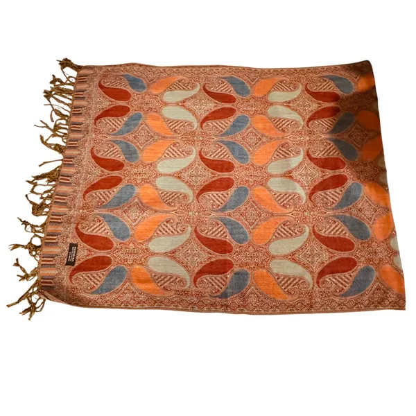 Pashmina JS Ondo Paisley Scarf Shawl‎ Wrap Orange Blue Fringe Boho Classic - Image 3