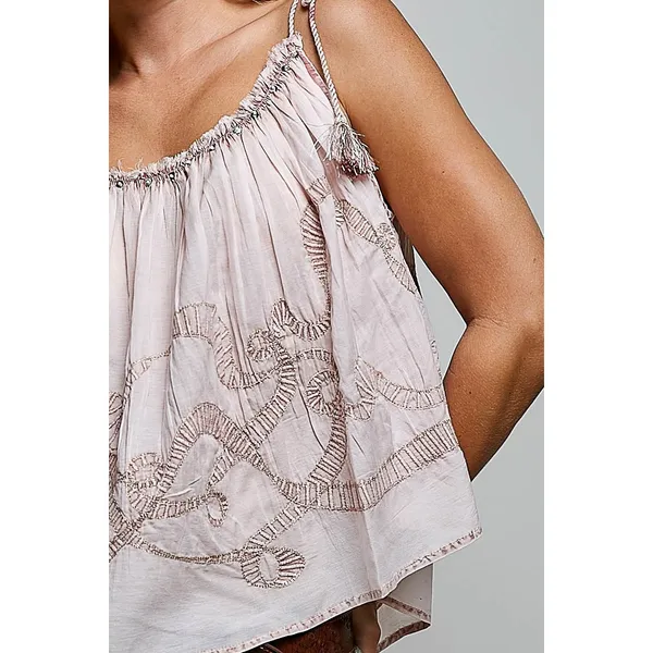 POL Tassel Shoulder Tie Embroidered Sleeveless Woven Top - Rose Pink - Large - Image 6