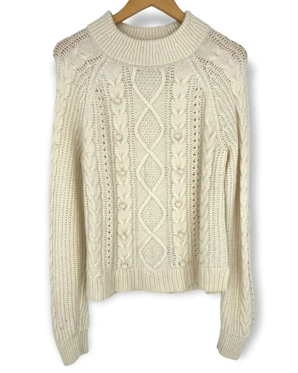 J.Crew | Medium | Cream White Pom Pom Cable Knit Sweater Lambswool Blend - Image 4