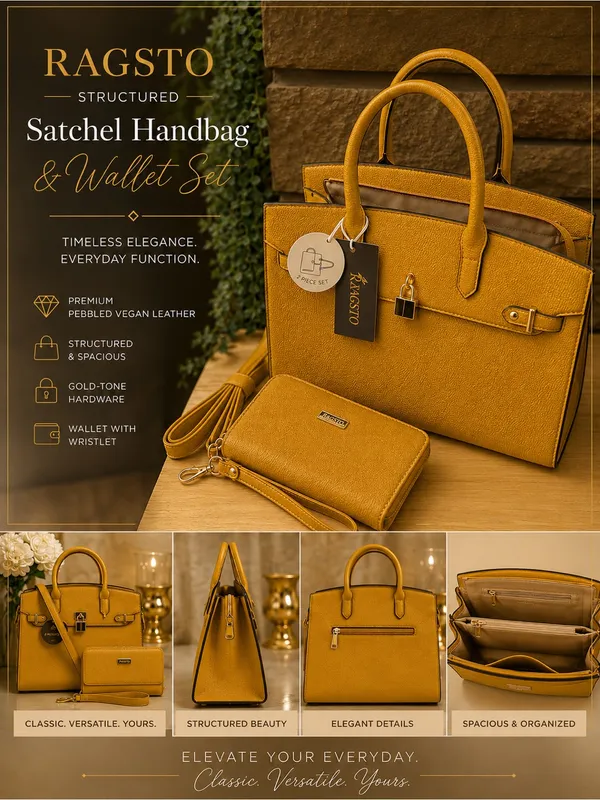 Ragsto Structured Satchel Handbag & Wallet Set Yellow - Image 2