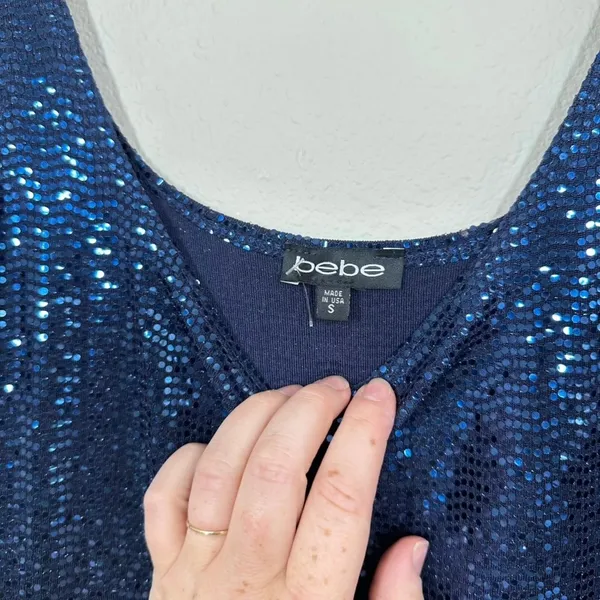 Bebe Women's Size Small Navy Blue Sequin Scoop Neck Maxi Dress Side Slit Party - Image 7