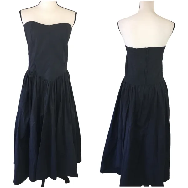 Vintage 80s Illustrations Black Strapless Sweetheart Basque Waist Midi Dress - Image 4