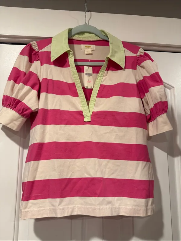 Maeve Pink and Cream Striped Puff-Sleeve Polo with Light Green Collar S - Image 2