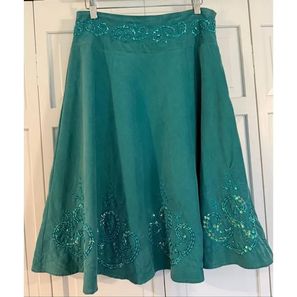 Lucy Paris turquoise corduroy beaded sequin Aline skirt size M - Image 2