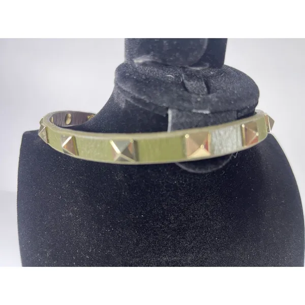 Olive Green Leather Studded Choker Necklace Gold Tone Pyramid Studs 15.5” - Image 10