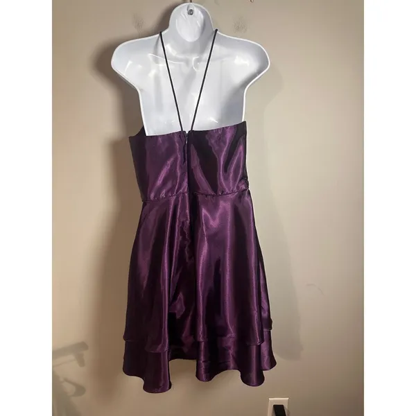 Blondie Nites Purple Satin Halter Mini Dress Tiered‎ Ruffle Hem Size 5 - Image 4