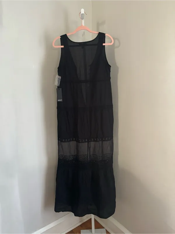 Crochet-Trim Tiered Black Maxi Dress Sheer Panel Boho Cottage Whimsigoth Sz Med - Image 3