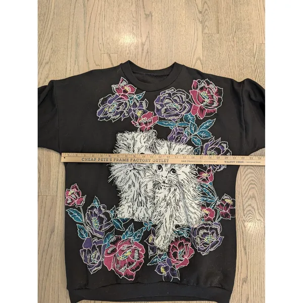 VTG 80s Persian Cat Kitten Floral Glitter Graphic Sweatshirt Crewneck Pullover - Image 4